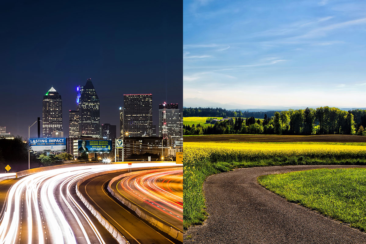 A city highway at night and rural path by day where Chandler towing services may be needed.