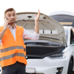 A man wearing an orange reflective vest stands beside a white car with its hood open, talking on a phone and gesturing with his hands in a roadside setting.